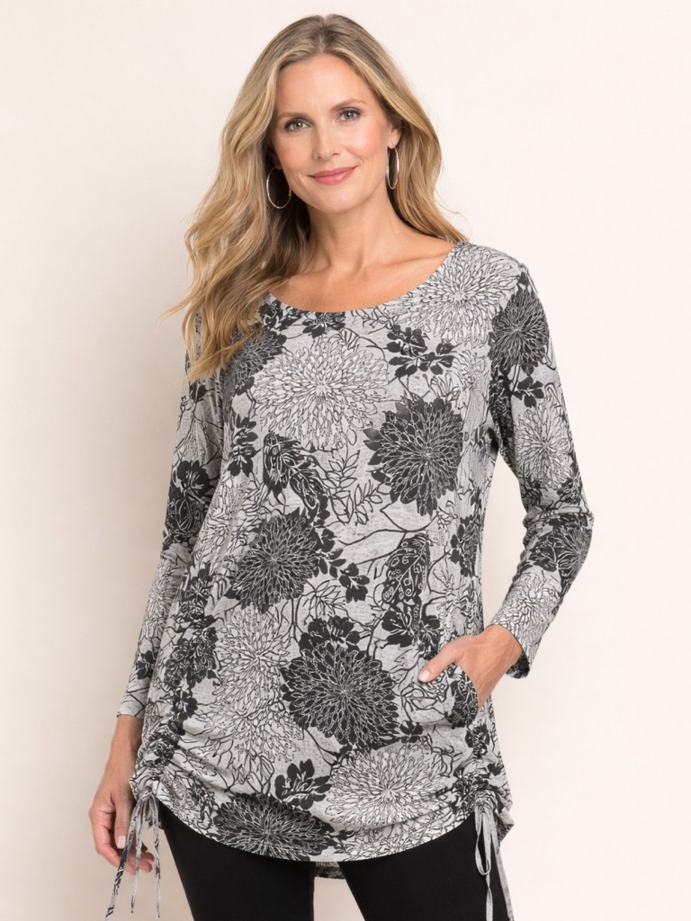 Bryn Walker‎ Black Gray Floral Tunic Ruched Sides Soft Stretch Made USA